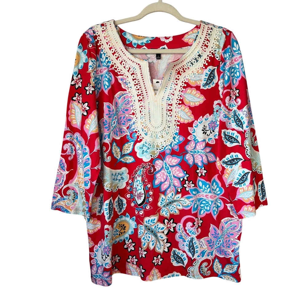 Talbots Red‎ Paisley Crochet Trim Tunic Top 3/4 Sleeve NWT Size L